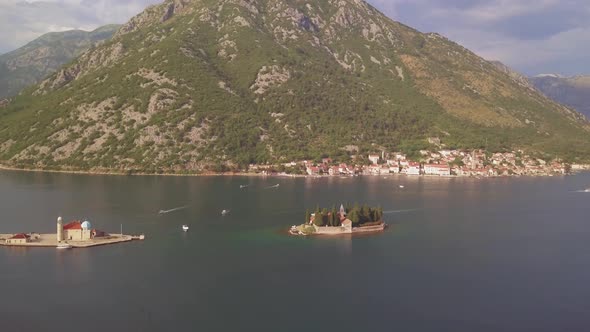 Aerial Footage of St. George and Monastery on the Islands Near Perast Town in Kotor Bay