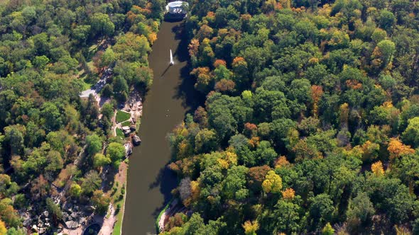 Beautiful flight above the trees. Autumn forest. Yellow, red, green leaves on the trees.