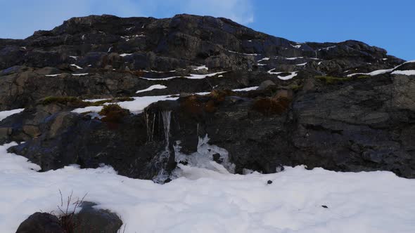 Iceland Water Falling Over Edge of Tall Mountain In The Winter 2