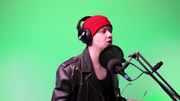 Young Man Artist Singer Fashionable Sings Recording Studio