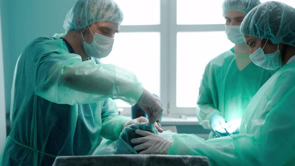 Three Surgeons Performing Rhinoplasty in Green Protective Gowns