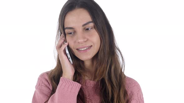 Phone Talk, Young Latin Girl Answering Call White Background alt