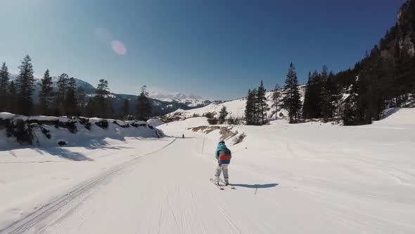 A Skier Skiing On The Scenic Tracks In Alps Mountains, Action Camera Footage