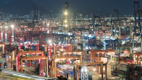 Container Terminal at Night Shipping Containers on Dock  alt