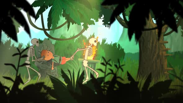 The creepy skeleton are carrying the tourist in the dense tropical rainforest. alt