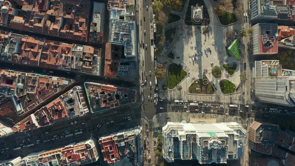 Aerial Birds Eye Overhead Top Down View of Traffic in Streets Around Plaza De Espana alt