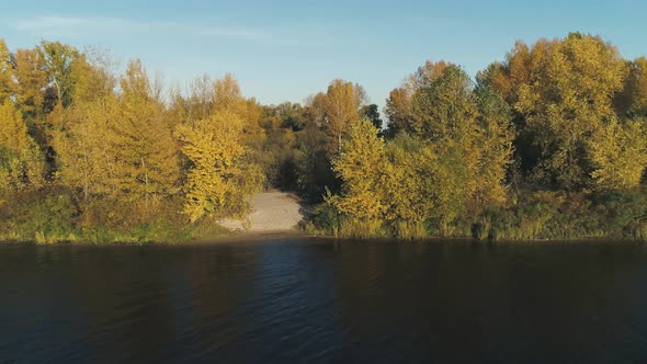 Aerial Drone Footage. Flight Over Island on Dnipro River at Autumn Season