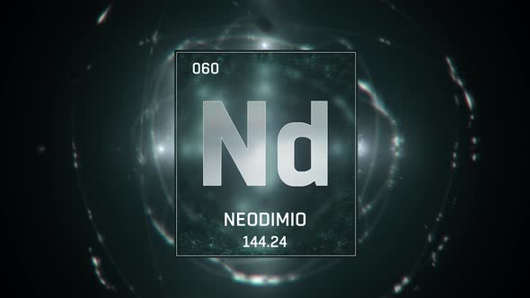 Neodymium as Element 60 of the Periodic Table on Green Background in Spanish Language