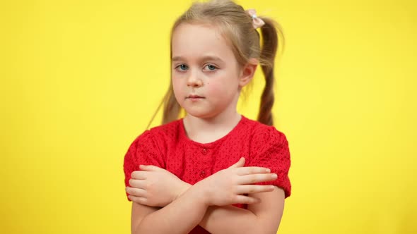 Portrait of Serious Cute Little Girl with Pigtails and Crossed Hands Looking at Camera Shaking Head alt