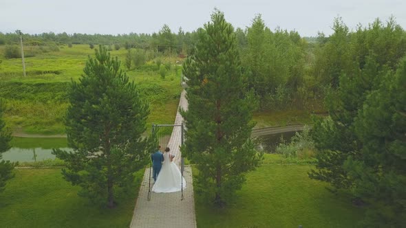 Newlywed Couple Walks To Wooden Bridge Aerial Backside View alt