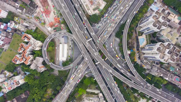 Complex Highway Junction in Guangzhou, China. Aerial Vertical Top-Down View alt