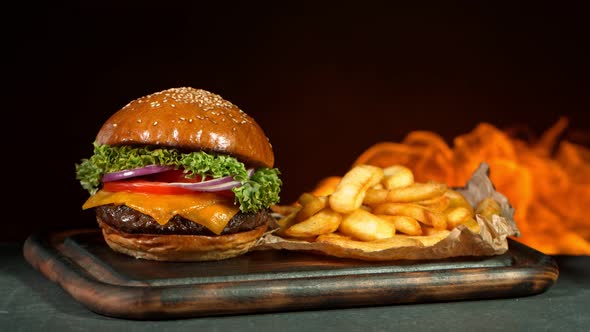 Super Slow Motion Shot of Hamburger French Fries and Flames at 1000Fps alt