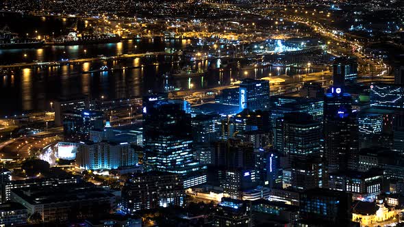 Night Time Lapse zoom over Cape Town City, South Africa