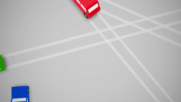 Overhead shot of fast numerous colorful cars leaving tire tracks behind. alt