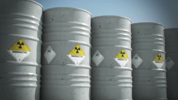 Endless animation of the grey biohazard barrels horizontal stack. Side view. HD alt
