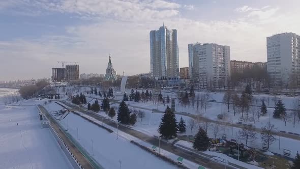 Beautiful Embankment, Frozen River Volga and Picturesque Cityscape of Samara, Aerial Shot