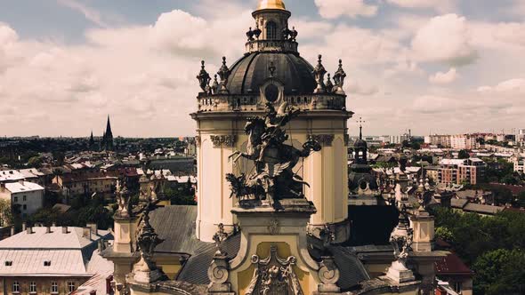 Aerial drone view of a flying over the Catholic Cathedral alt