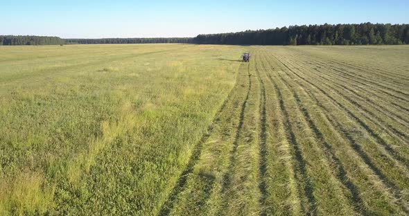 Haymaker Mower Moves Along Farmland and Gathers Grass alt