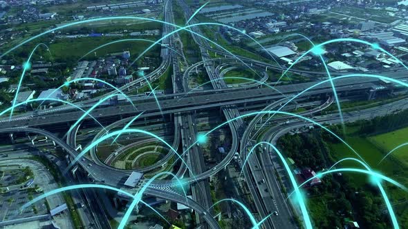Smart digital city highway with globalization graphic of connection network alt