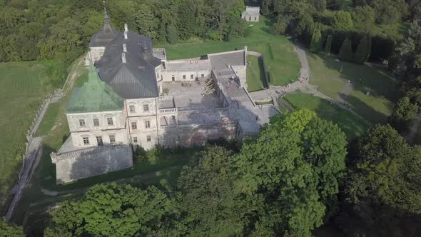 Aerial To Old Romantic Palace Castle Pidhirci in Ukraine alt