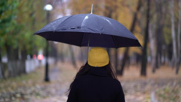 A Young Woman in a Protective Mask Walking in the Park Under Umbrella. Rainy Day, During Second Wave alt