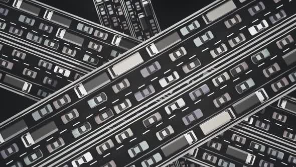 Aerial view of the highway with the slow moving bumper to a bumper traffic jam. alt