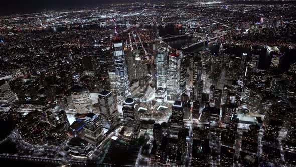 Wide angle view of the Financial district at Night as seen from a helicopter