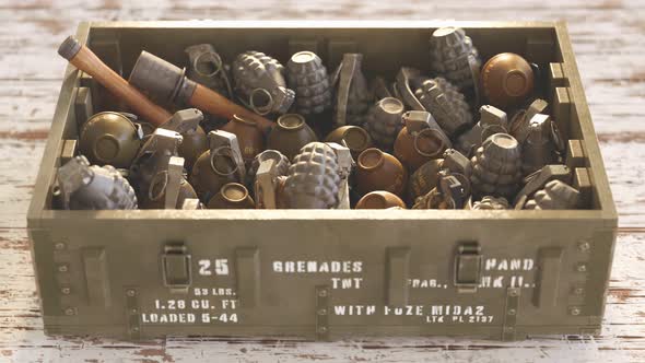 Piled up different types of grenades in open wooden ammunition box. 4k HD alt