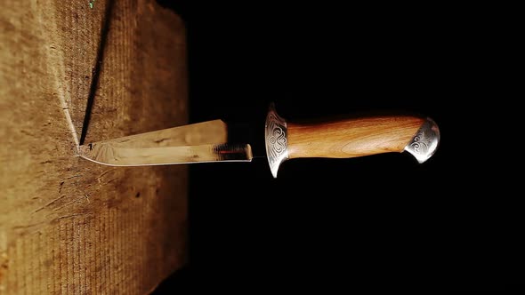 Sharp hunting knife stuck in a wooden wall