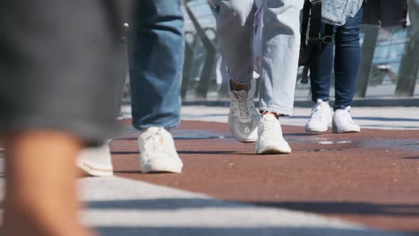 Legs of Crowd People Walking on the Street Closeup of People Feet Slow Motion alt