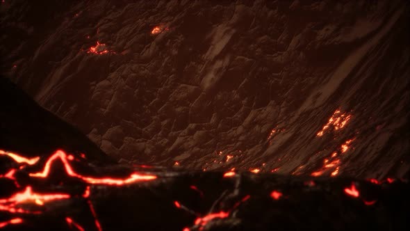 Red Orange Vibrant Molten Lava Flowing Onto Grey Lavafield and Glossy Rocky Land alt