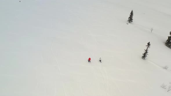 Aerial View of a Two Friends Skiing and Snowboarding Down a Mountain.