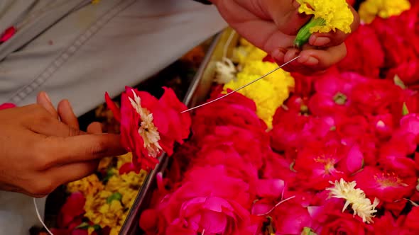 Flower Vendor Making Hindu Flower Garland for Temple Decoration, Offering. Jodhpur, Rajasthan, India alt