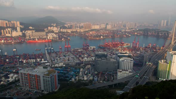 Hong Kong Port Terminal Sunset Time Lapse China. Zoom Out alt