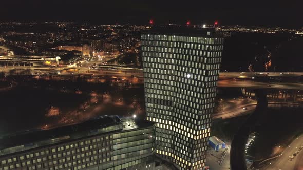 Aerial View of Skyscraper in Stockholm at Night
