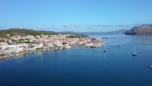 Aerial drone video of Argostoli (Argostolion), famous city and capital of Cefalonia (Kefalonia) isla alt