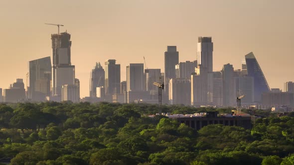 Downtown Austin skyline aerial drone helicopter pan right during summer sunrise in 2022 alt