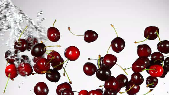 Super Slow Motion Shot of Flying Fresh Cherries and Water Side Splash on Grey Background at 1000Fps alt
