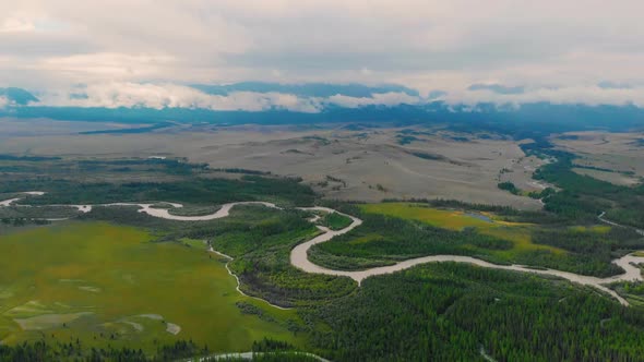 Aerial Video Over River Chuya in the Kurai Steppe