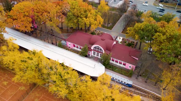 Aerial railway station in yellow autumn forest