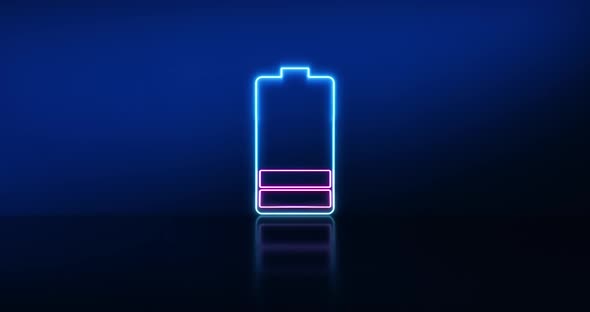 Charger glowing battery sign. Glowing neon Battery charge level indicator icon.