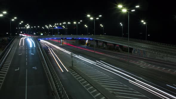 Lights Of Cars On The Road Of A Big Night City, Timelapse, Bridge, Track