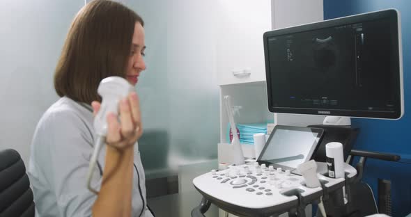 Young Smiling Professional Attractive Woman Doctor Doing 3d Ultrasound on Belly alt
