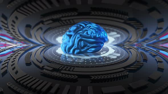 Brain Rotation In Data Flow On An Electronic Platform. Looped Abstract Animation alt