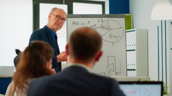 Elderly Businessman Giving Presentation to Multiethnic Team Using Flip Chart alt