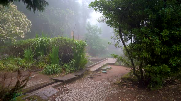 Ancient and Beautiful Pena Park Covered with Fog or Mist