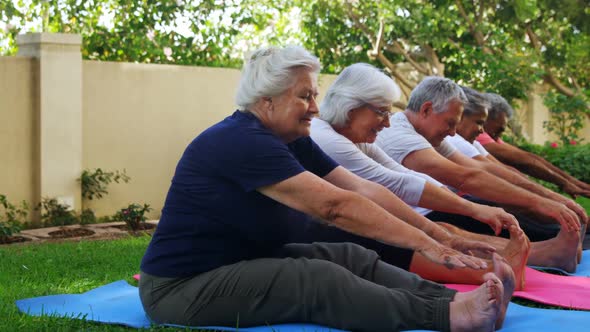 Senior friends doing stretching exercise in garden 4k alt