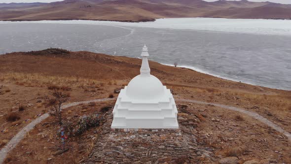 Aerial View of Buddhist Monument on Ogoy Island of Lake Baikal