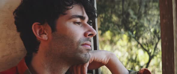Man looking through window, pensive, close up alt