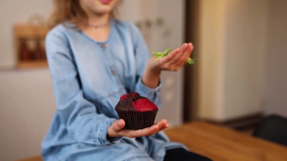 Little Girl Comparing Food Choosing Sweet Cake Against Microgreen UnHealthy Habit alt